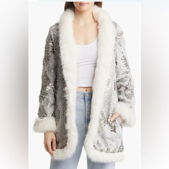 Band of the Free Boho Sequin Faux Fur Open Front Jacket. Size Small. NWT - Picture 1 of 13